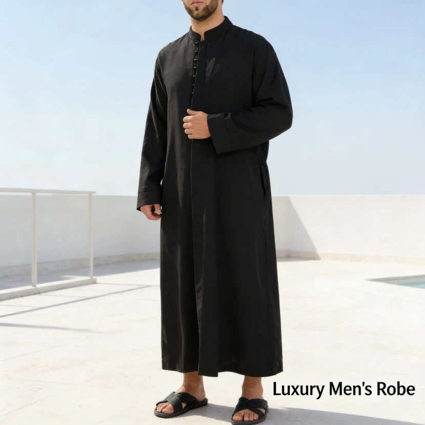 

Мужская арабская роба свободного кроя с воротником-стойкой и круглым вырезом, традиционная исламская одежда, длинный кафтан