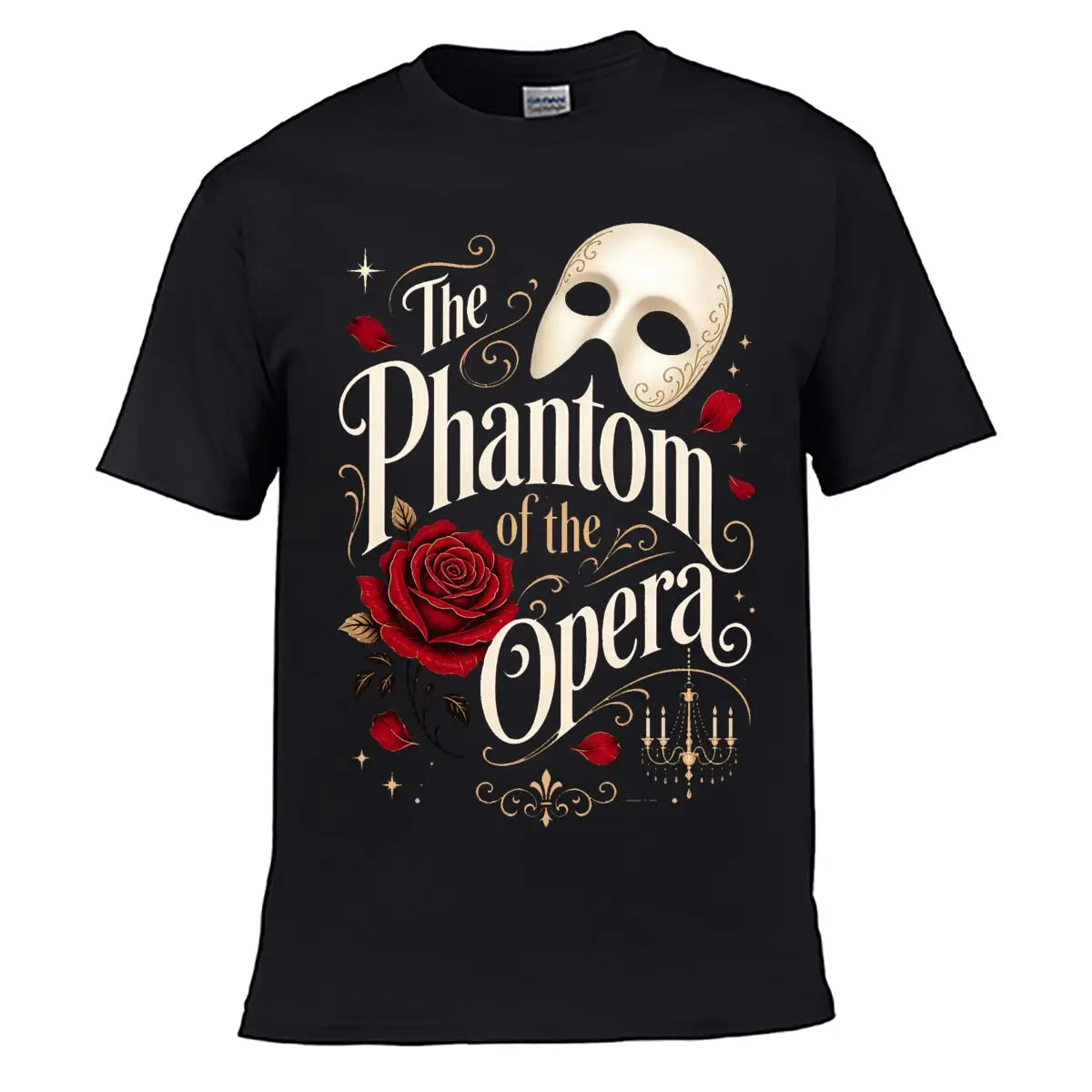 Camiseta Vintage Lavada con Tipografía de Máscara de la Ópera Fantasma y Rosas, Estilo Desgastado y Holgado