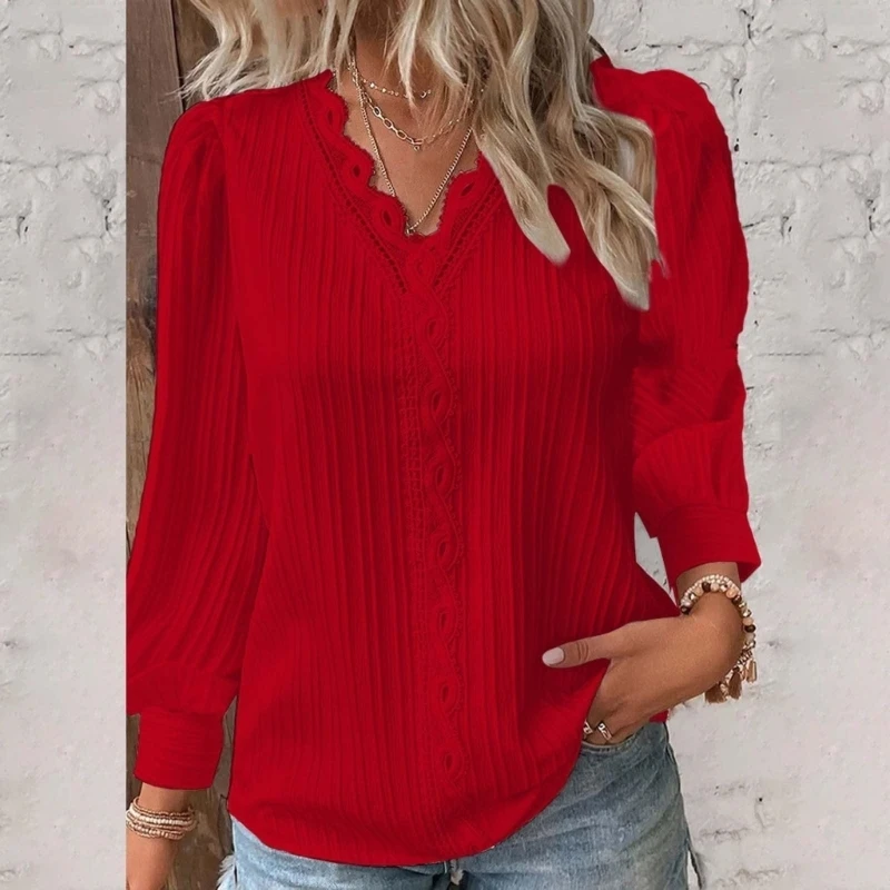 HX6F Women's long-sleeved V-neck lace-trimmed casual business elegant shirt