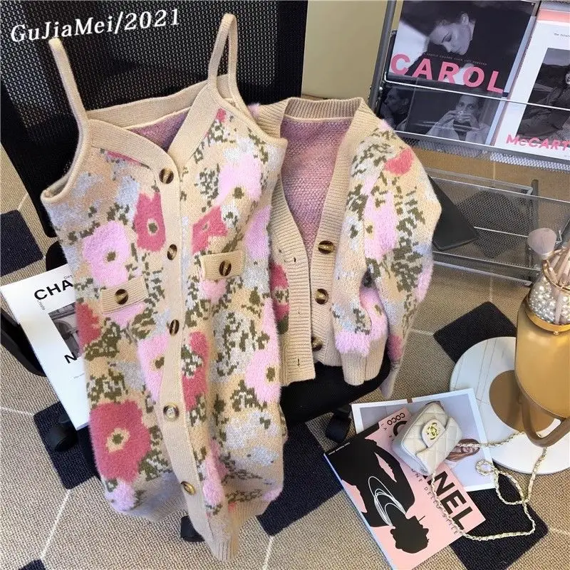 Floral Strap Dress Sexy Vintage Clothes V Neck Cardigan Knitted 2 Piece Sets Womens Outfits 2024 New Cropped Jacket Autumn