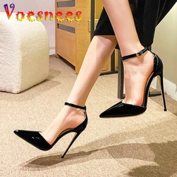 12CM Sexy Side Empty High Heels Pumps Lady Closed Pointed Toe Elegant Sandals Summer Ankle Strap Buckles Party Women Shoes Black