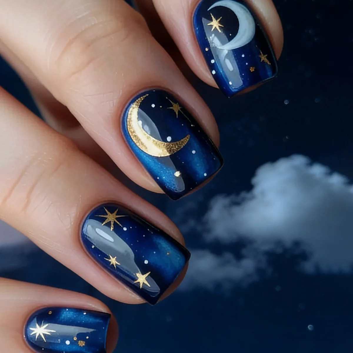 Short Square fake nails tips for women Gradient blue cat eyes with moon star printing full cover press on false nail art set