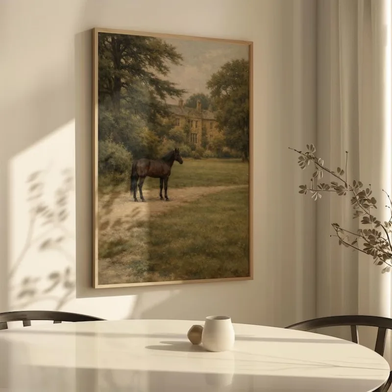 Vintage British Pastoral Window Landscape Sheep Horse Rider Estate Equestrian Poster Canvas Painting Wall Pictures Home Decor