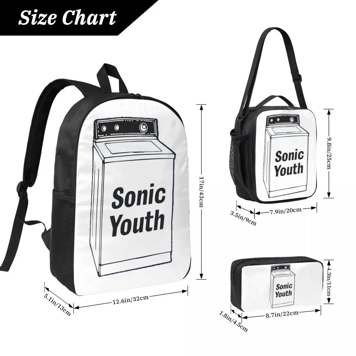 Sonic Youth Rock Band Punk Backpack Boys Girls BookBag School Bag Computer Shoulder Bags 3ps Insulated Lunch Bag Pencil Case