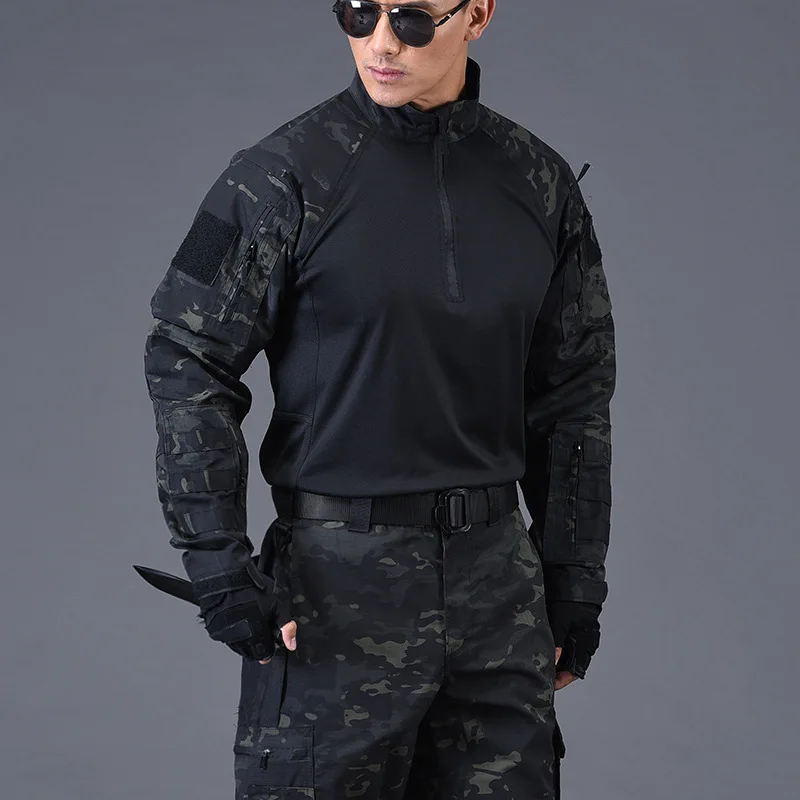Outdoor Camo Tactical Suits Men Sets Training T Shirts Multi-pocket Wear-resistant Cargo Pants Soldier Sniper Hunting Clothes