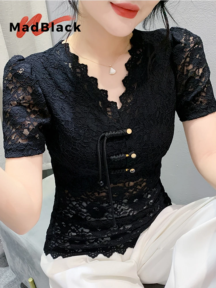 MadBlack European Clothes T-Shirt Women Sexy V Necks Frog Buckle Button Slim Lace Tops Short Sleeve Tees Summer T443121JC