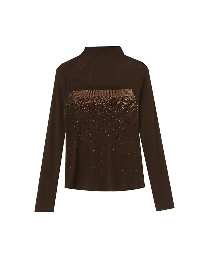 Ele f High Collar T-irt Rhinestone Embellied Base irt Faionable Unique Autumn New Arrival Women's Top