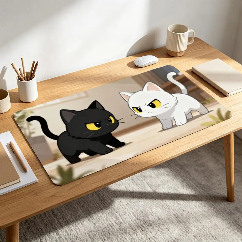 XL Extended Desk Pad Cute Angry Black and White Cats Anime Gaming Mousepad Non-Slip Rubber Waterproof Keyboard Mat for PC Gamer