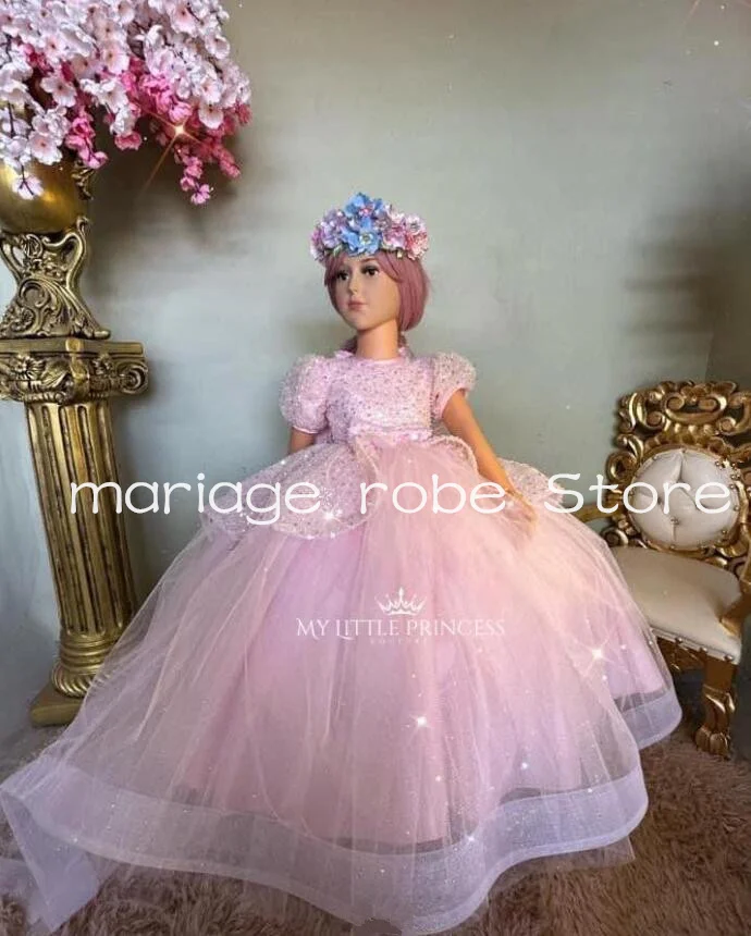 

baby pink infant toddler girl's dresses 2025 sparkly sequins pearls bow tie puffy tutu bear doll 3años vestidosdeniñas