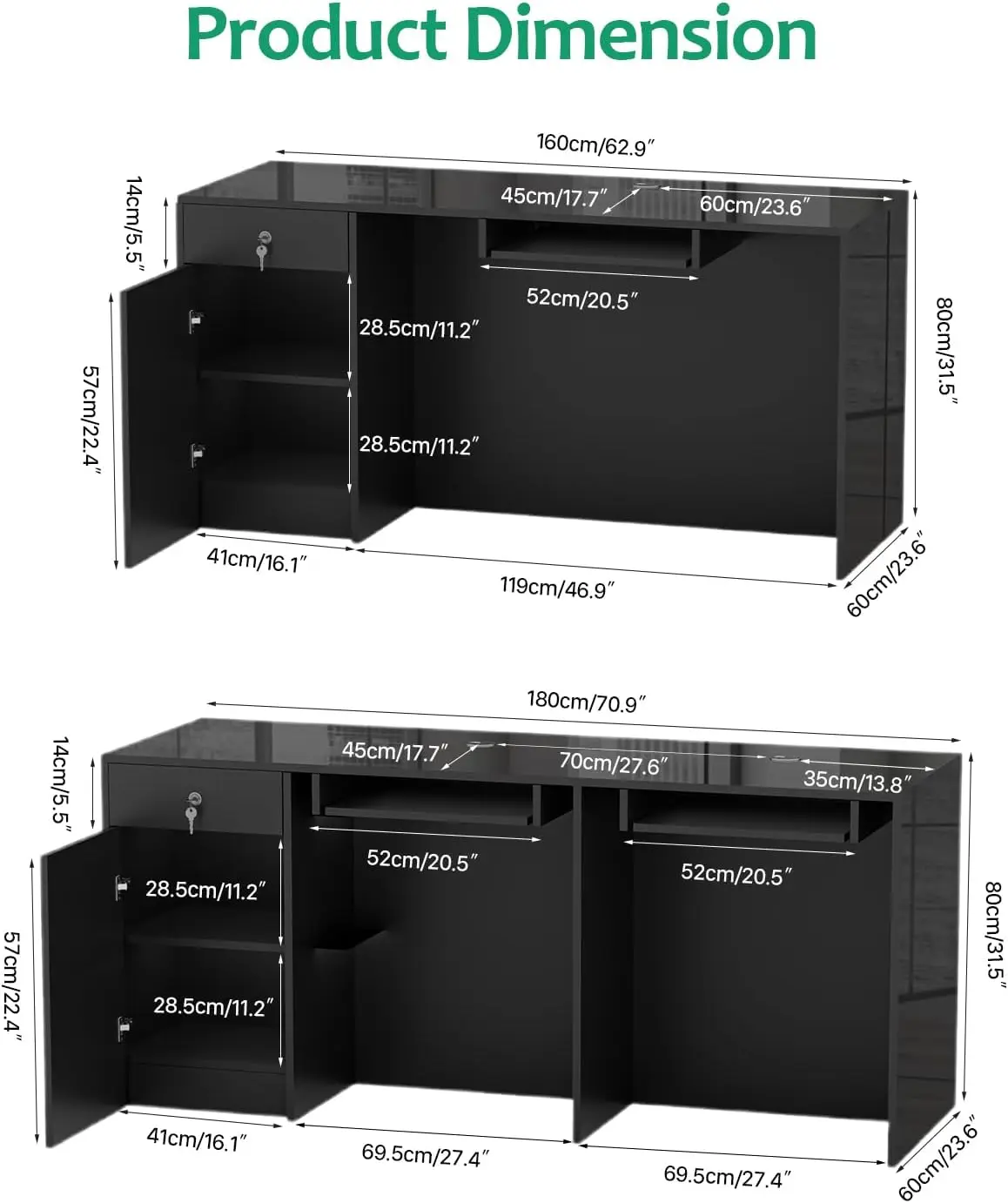 Black Reception Desk with Counter, Modern Solid Wood Front Reception Room Table Secretary Desk, Retail Counter for Checkout.