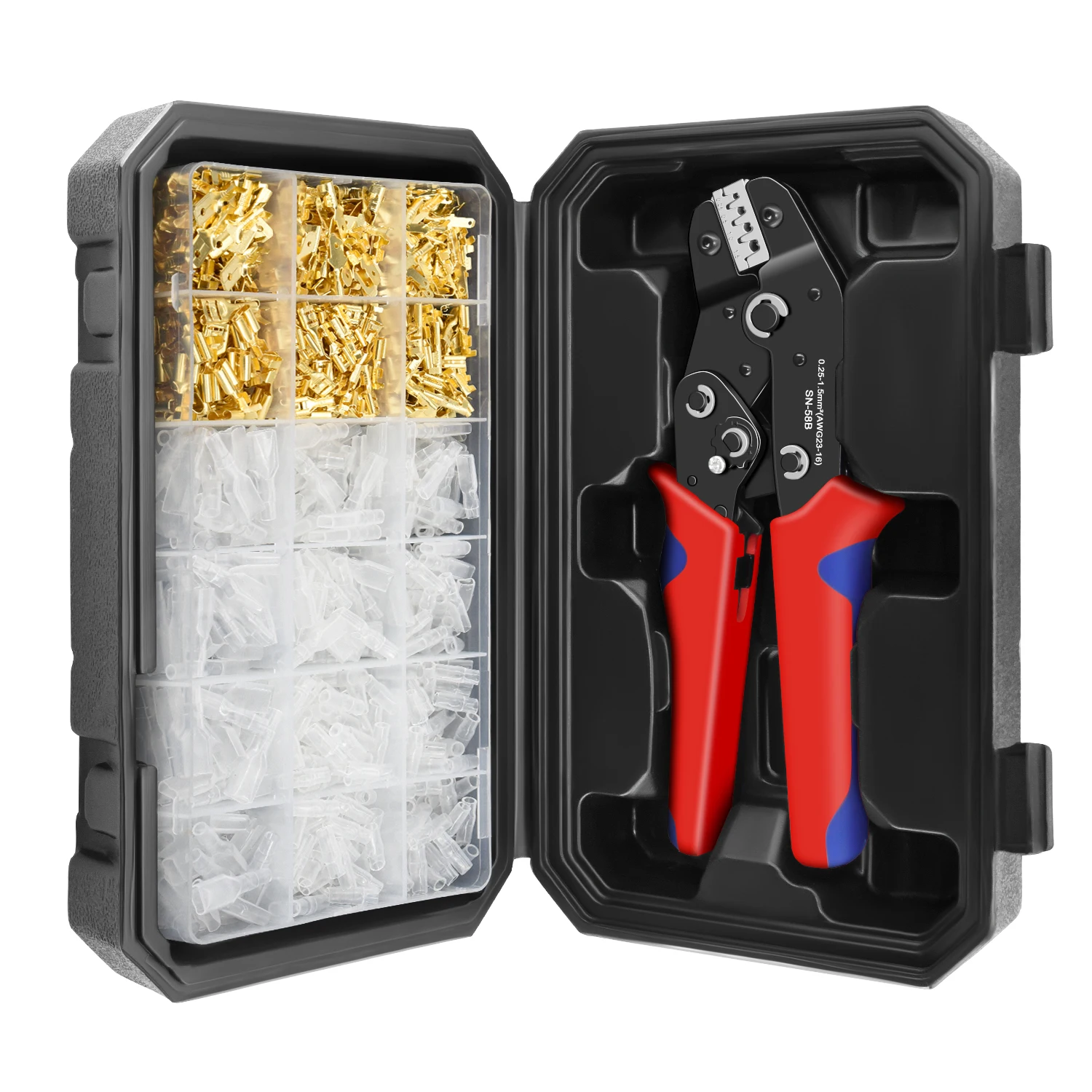 SN-58B Kit di strumenti di crimpatura da 300 pezzi Set di connettori per terminali aperti da 2,8/4,8/6,3 mm con terminali non isolati Pinze a crimpare AWG 23-16