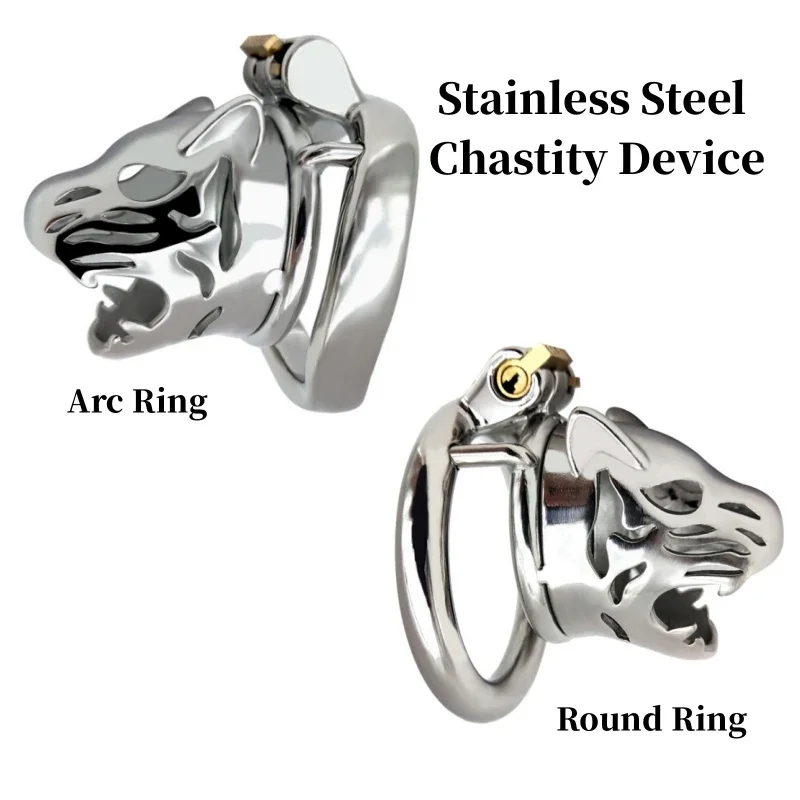 Male Stainless Steel Chastity Cage Tiger Head Opening Penis Lock Male Chastity Belt Cock Cage Penis Ring Adult Sex Toys for Men