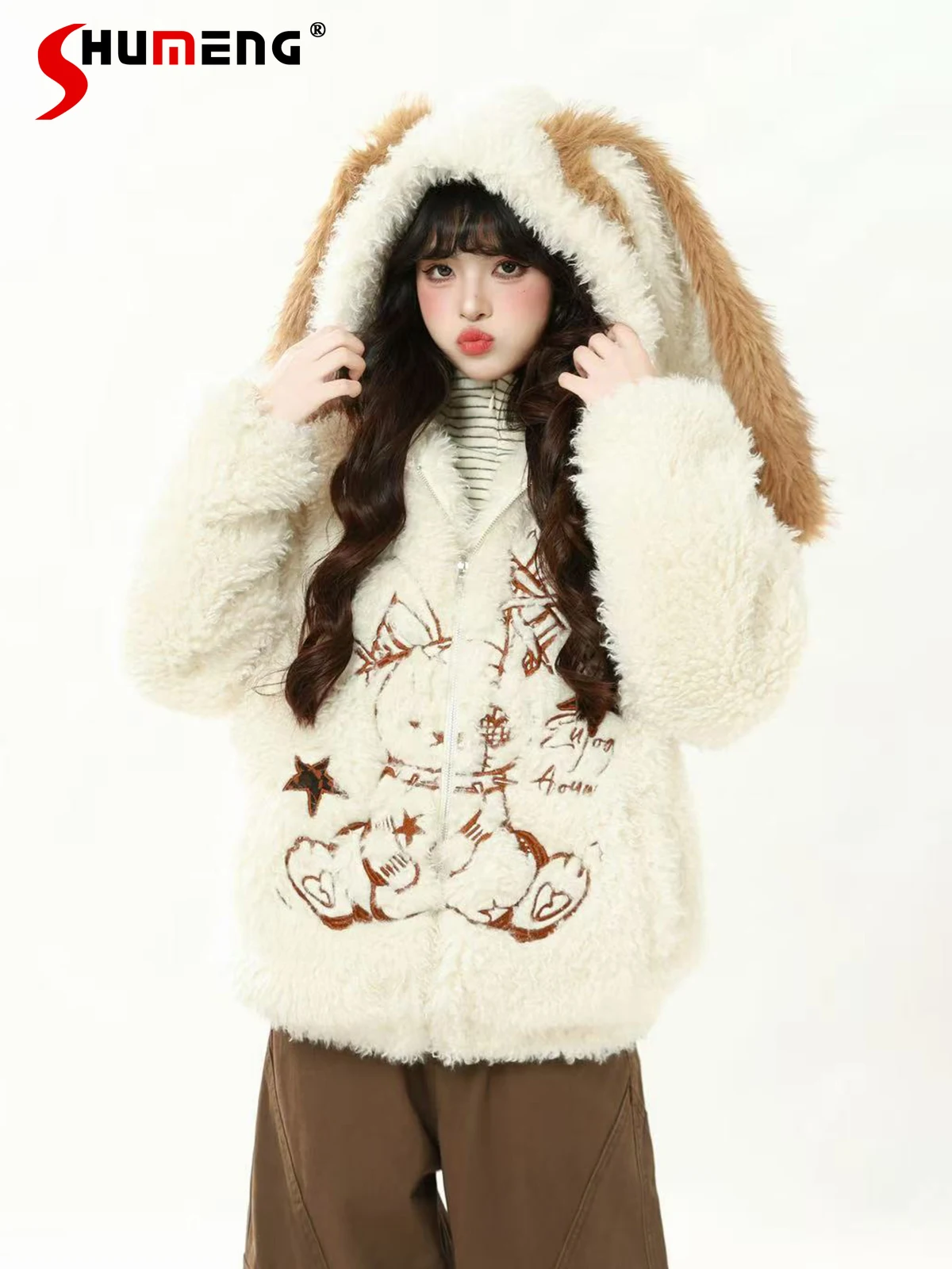 

American Style Fashion Sweetwear Cool Rabbit Ear Hooded Plush Coat Thick Warm Loose Casual Cotton Parkas Jacket for Women Winter