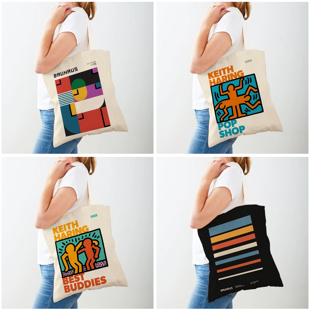 Double Print Abstract Street Graffiti Bauhaus Colorful Geometry Bag Reusable Tote Lady Handbag Casual Canvas Shopping Bags