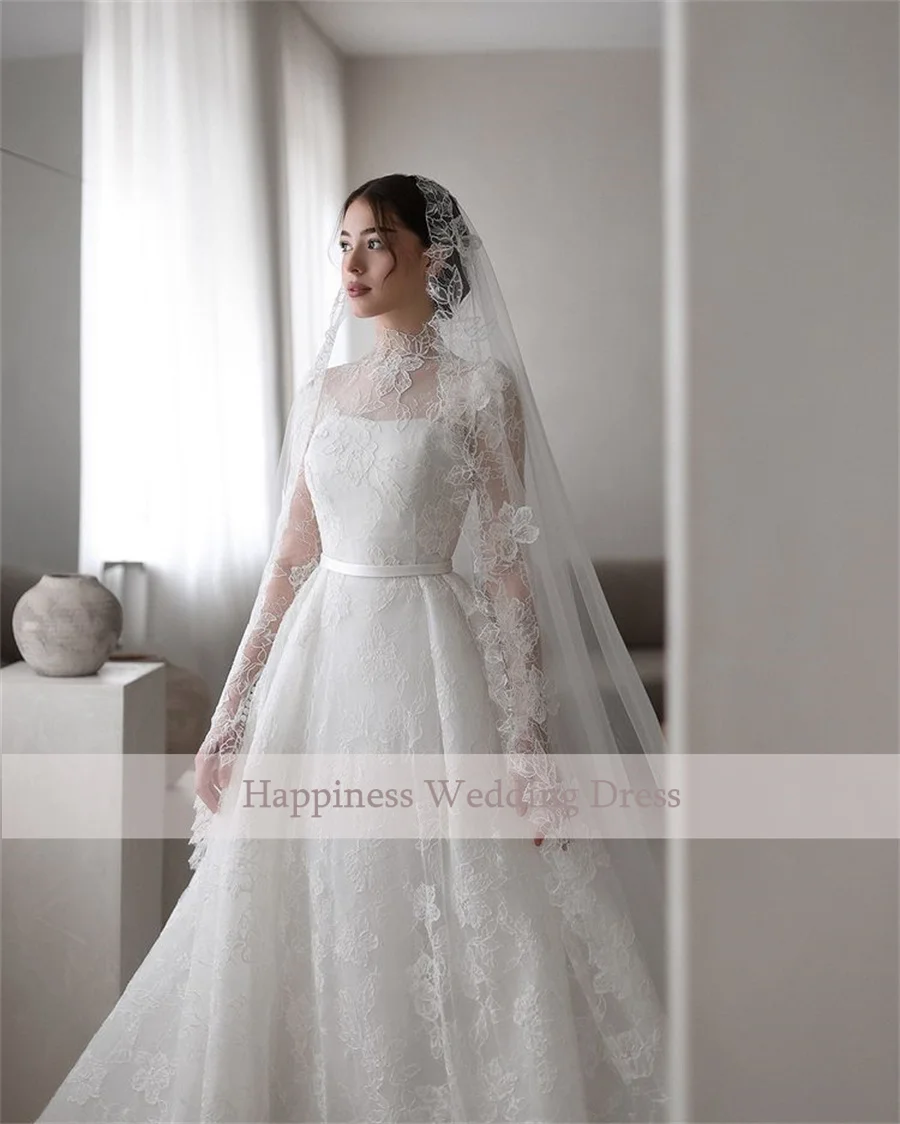 

Customized High Neck Design Full Sleeve Lace Wedding Dress A-Line Back See Through Zipper With Buttons Bridal Gowns