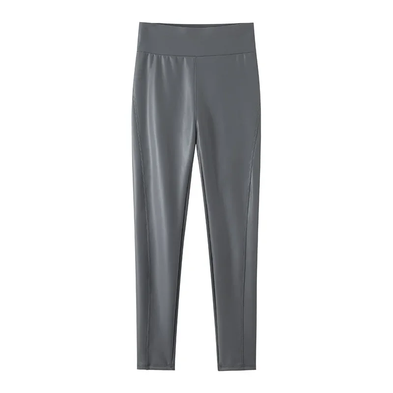 PULeather Women Tight Pants New High Waist Thin Cropped Fleece Lined Matte Leggings Outer Wear Long Grey Khaki Winter 40-65kg