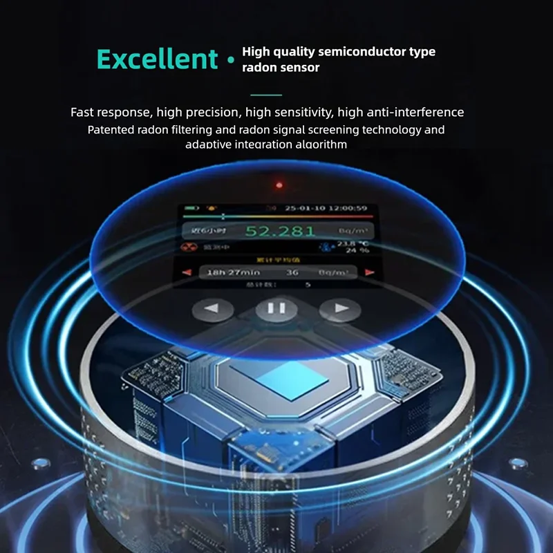 كاشف الراديون 3.3Bq-37kBq/m3 (0.09-1000 pCi/L) 2000mAh Type-C بطاريات قابلة للشحن شاشة الكريستال السائل تخزين البيانات للمكتب المنزلي