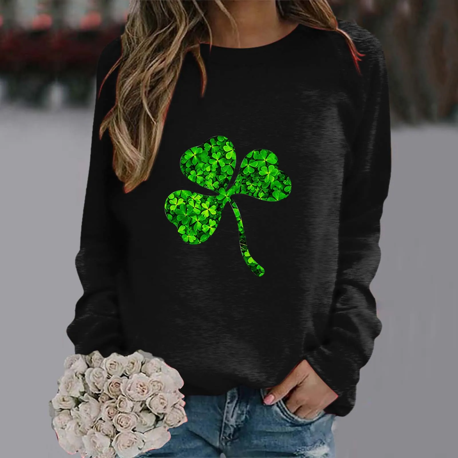 Women Sweatshirt St. Patrick's Day Clover Print Round Neck Pullovers Spring Oversize Casual Hoodies Sports Loose Tracksuit Tops