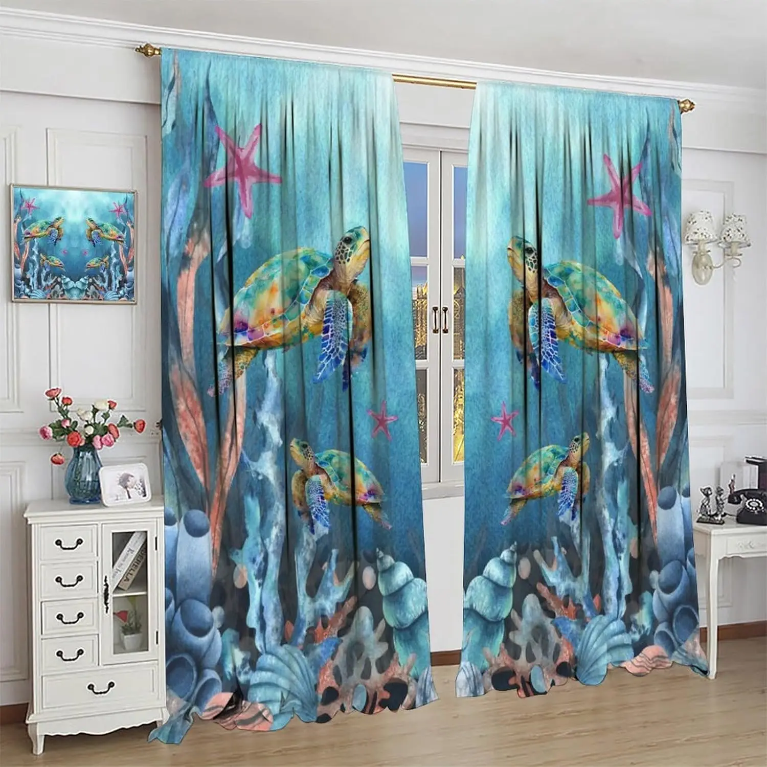 Sea Turtle Nautical Blackout Curtains Ocean Undersea Animal Seashell Mint Green Marine Life Plant Coral Seaweed Drapes Curtains