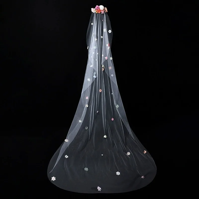 Cathedral Long Wedding Veil Colorful 3D Artificial Flower Bridal Veil With Metal Comb Romantic Floral Bride Hair Accessories