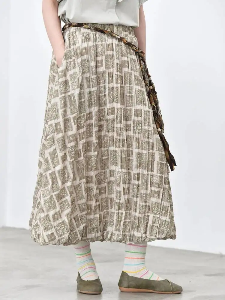 High Elastic Waist Gray Printed Pleated Casual A-line Half-body Skirt Women Fashion Tide New Spring Autumn