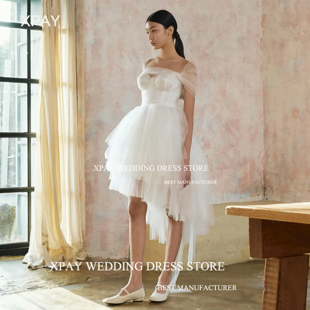 

XPAY Short High Low Korea Wedding Dresses Sweetheart Off Shoulder 웨딩드레스 Prom Party Photos Shoot Backless Custom Bridal Dress