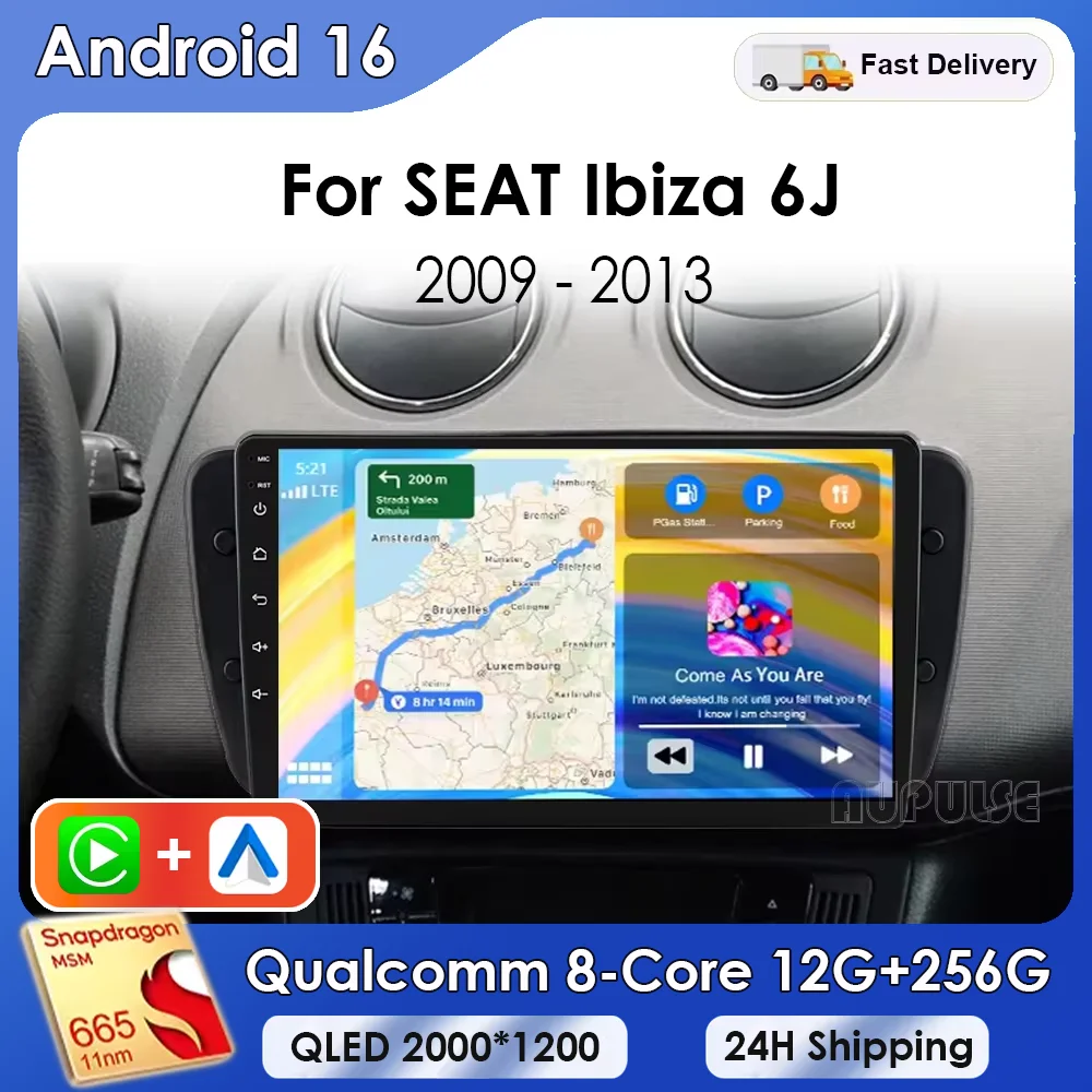 Radio para Auto Android 16 de 9 Pulgadas para Seat Ibiza MK4 6J 2008-2015, Reproductor Multimedia, CarPlay, Android Auto, GPS, Bluetooth, WIFI, Unidad Principal para Auto