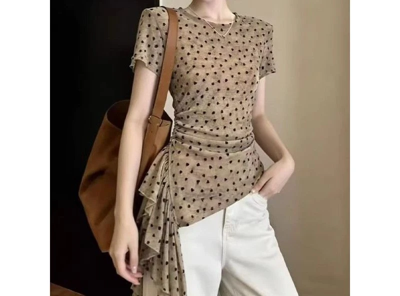 

2026 Women's Polka Dot Round Neck Short Sleeved Double Layered Mesh T-shirt with Irregular Hem Slimming Top
