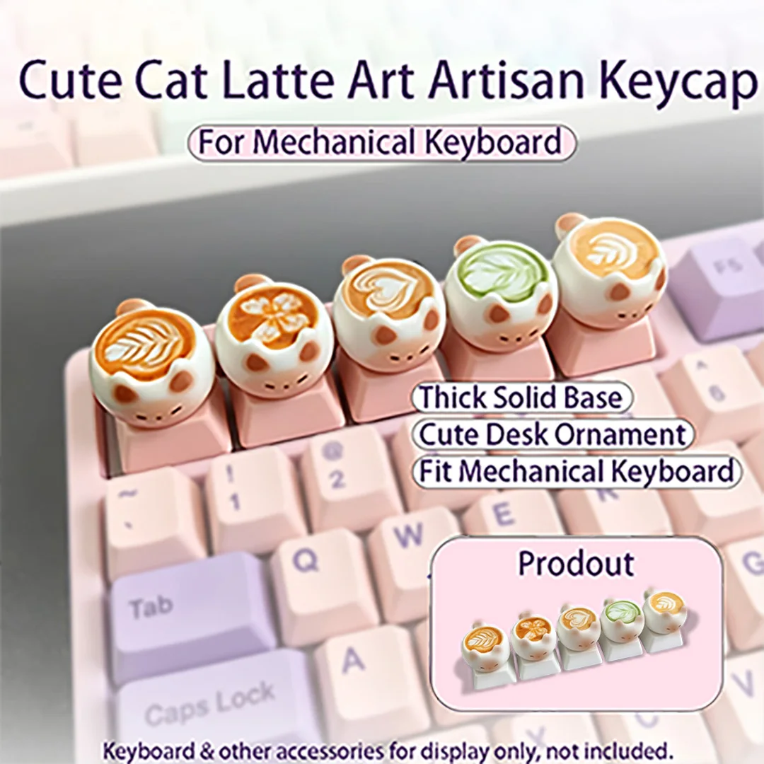 Kawaii Cat Keycap, Thai Coffee Cartoon Key Cap for PBT Profile Gaming Keyboard Decoration