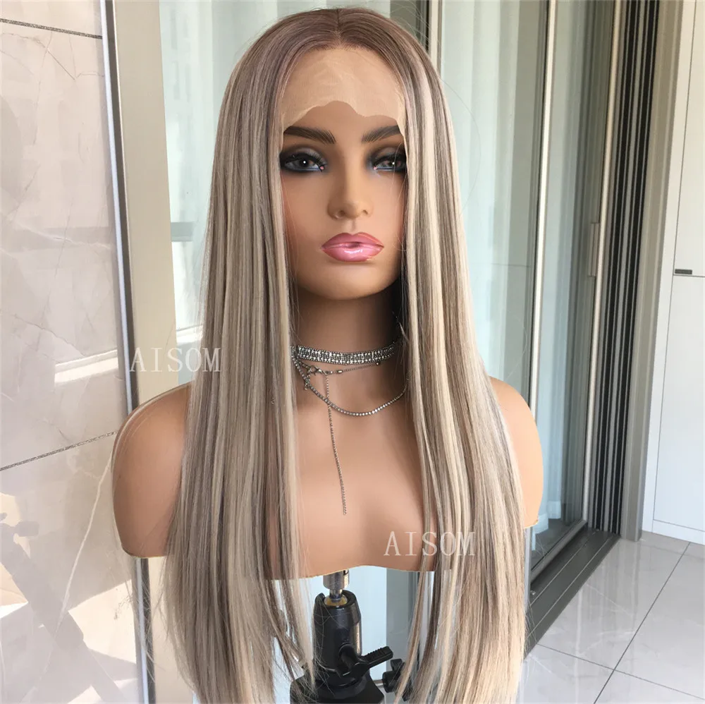 Highlight Blonde Platinum Straight Lace Front Wig Synthetic Hair for Women Lace Frontal Wig Pre Plucked Blonde Colored