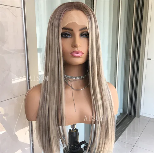 Imagen 2 del producto Resaltar peluca con malla Frontal recta rubia platino pelo sintético para mujeres peluca Frontal de encaje de 13x4 ""peluca de color rubio prearrancado