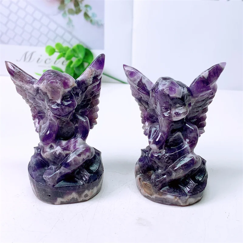 8CM Natural Dream Amethyst Angel Crystal Carving Healing Birthday Present Energy Fengshui Home Decoration Gift 1pcs