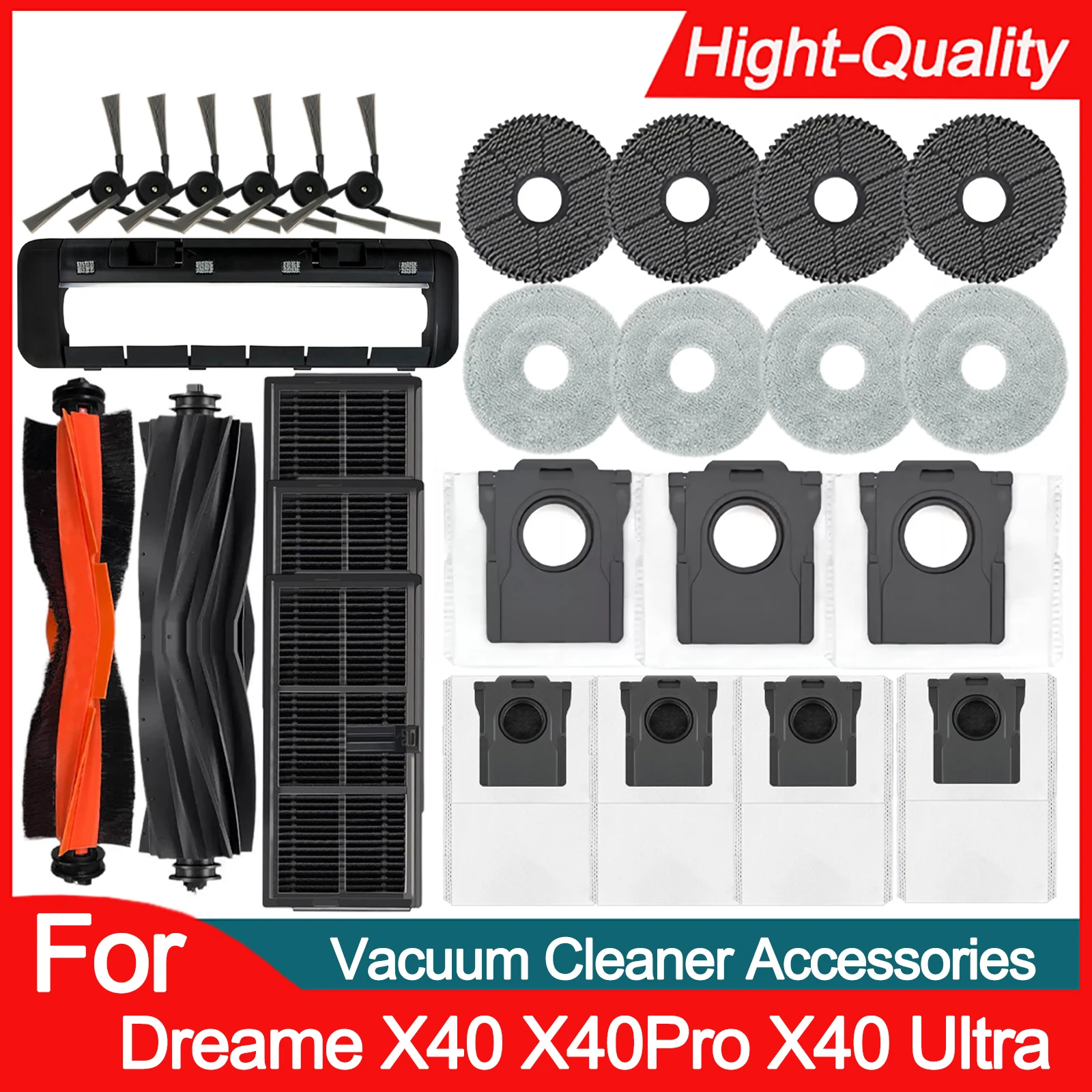 Dreame Bot X40 Pro/X40 Ultra/S30 Pro Ultra Replacement Parts: Main Roller Side Brush，Hepa Filter，Dust Bag，Cover，Mop Rag Optional