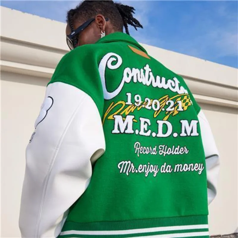 

Spring Men's Jacket Autumn Retro American Baseball Bomber Uniforms Women Leather Sleeve Embroider Varsity Jacket Streetwear Coat