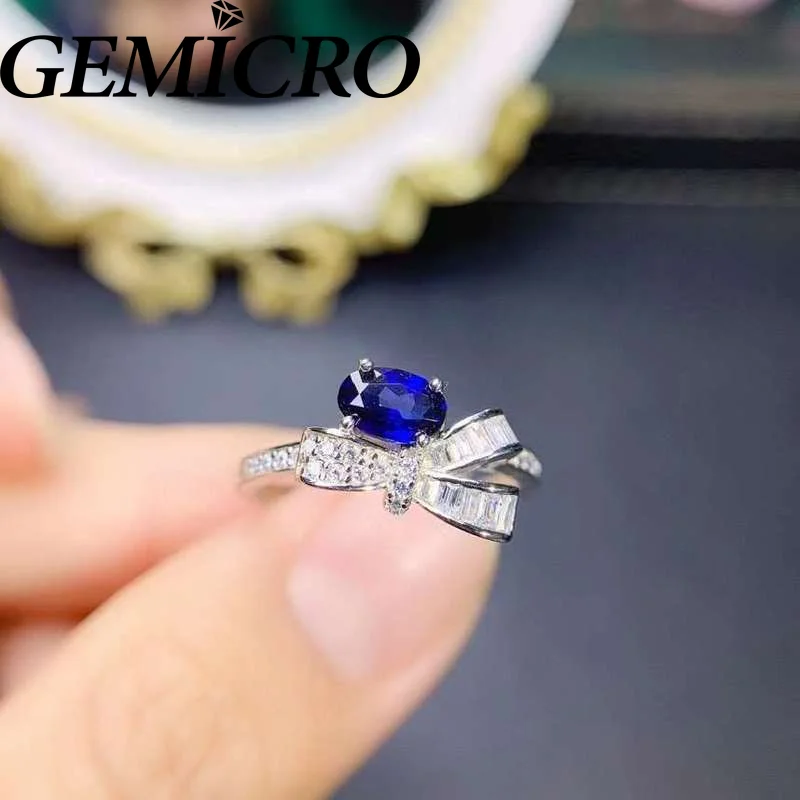 

Gemicro 925 Sterling Silver Jewelry 4*6mm Natural Sapphire Engagement Wedding Ring Women Wear Gift Luxury Diamond Gold Plated