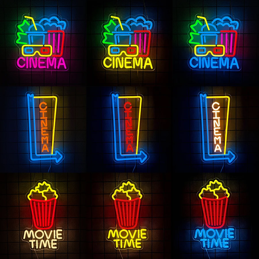 Cinema Neon Sign Movie Time Neon Lights Popcorn Cinema LED Light USB Powered Neon for Wall Decor Film Cinema Room Party Man Cave