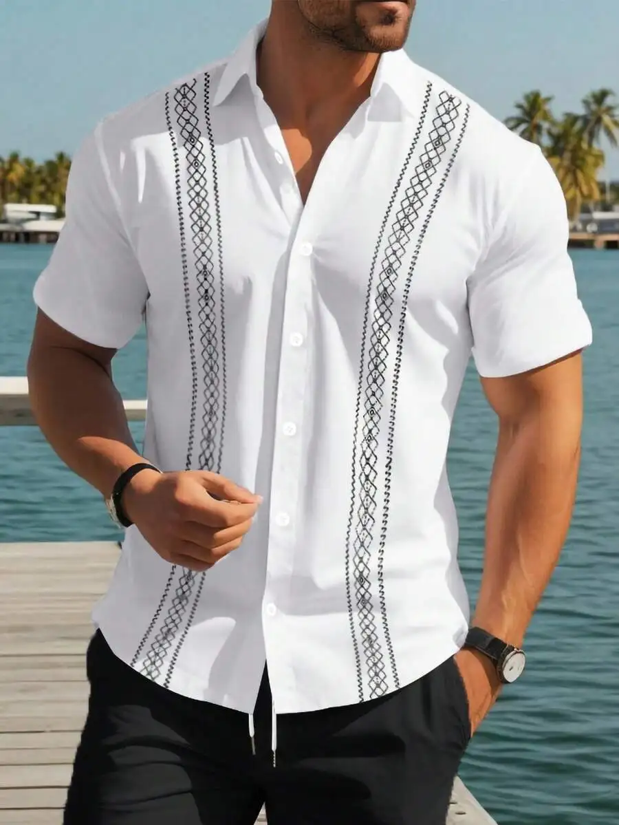 

Men's White Short Sleeve Button Front Shirt with Black Geometric Embroidery Casual Summer Top