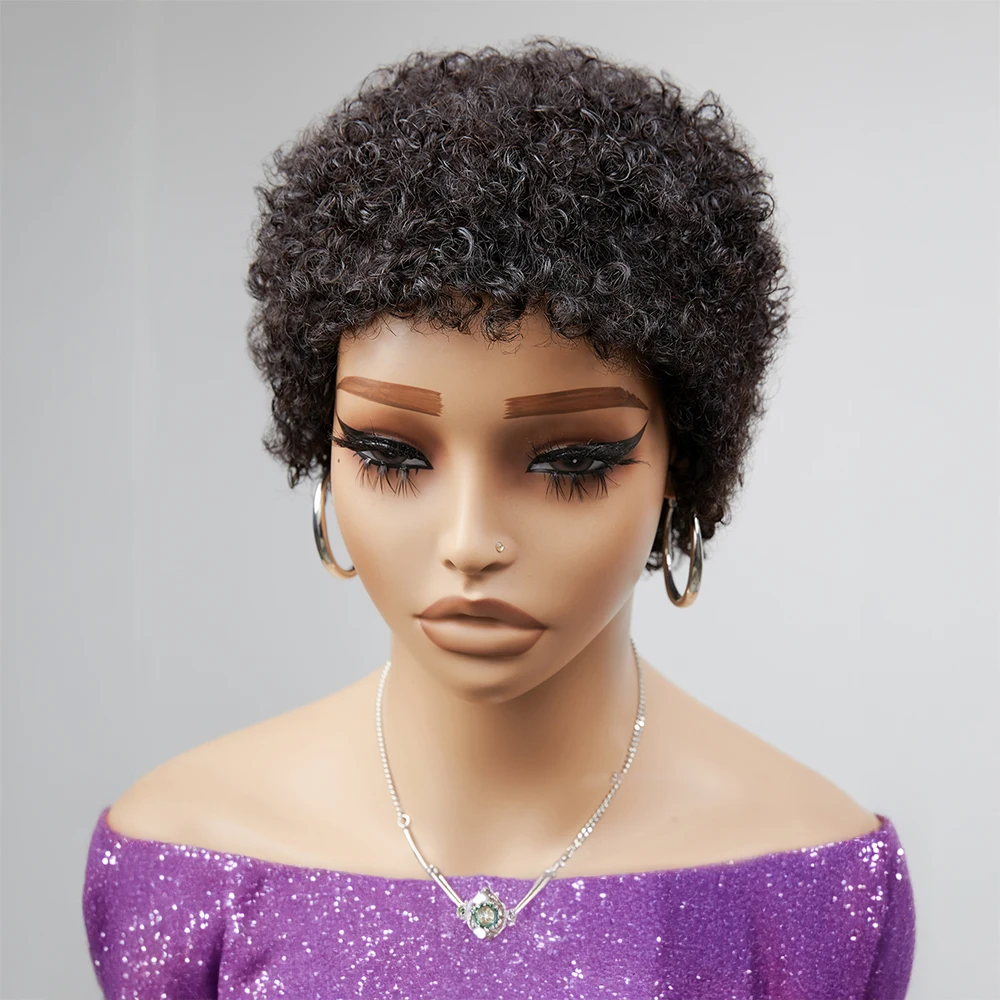 Pixie Cut Bob Perücke Afro Lockig Jerry Curly Kurz Machine Made 100% Echthaar Brasilianisch Natur Schwarz Versand aus FR Lager für Frauen – Detail 5