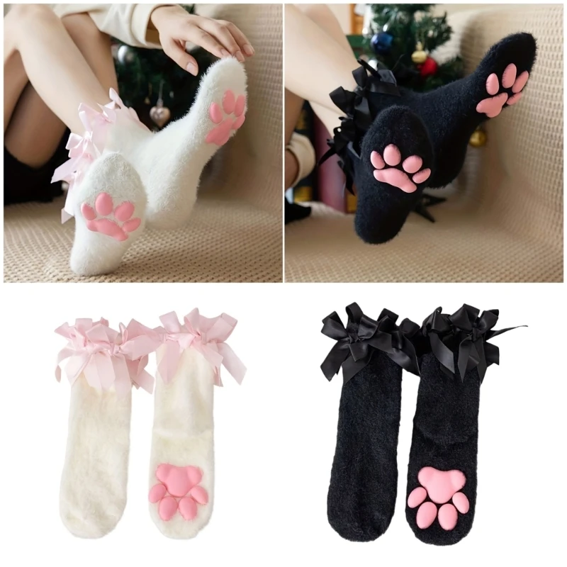 

E15F Носки для экипажа с милыми кошками, мягкие зимние носки унисекс с дизайном лап, стильными бантиками