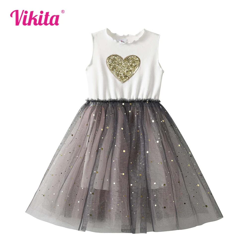 

VIKITA Girl Heart Shape Design Sequined Appliqued Dress Kids Sleeveless Summer Dress Infantil Vestidos Kids Casual Daily Dresses