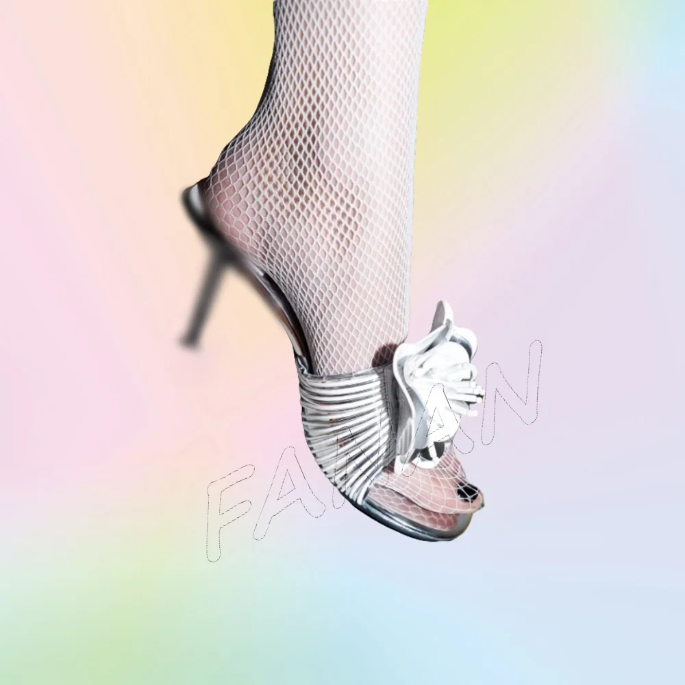 

White Flower Decor Silver Sandals Slippers Round Toe Heels Shoes Wedges High Heel Shoes for Women 2025 Zapatos Para Mujere