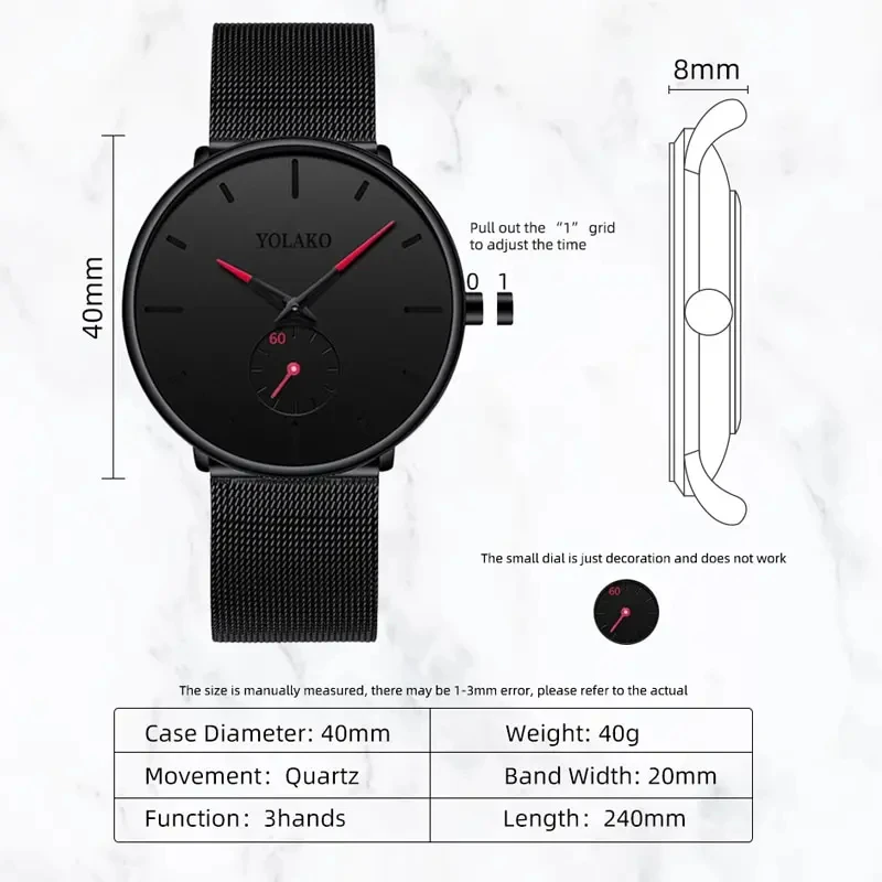 YOLAKO Mens Fashion Minimalist Watches Men Business Casual Quartz Watch Simple Male Stainless Steel Mesh Band Clock Reloj Hombre