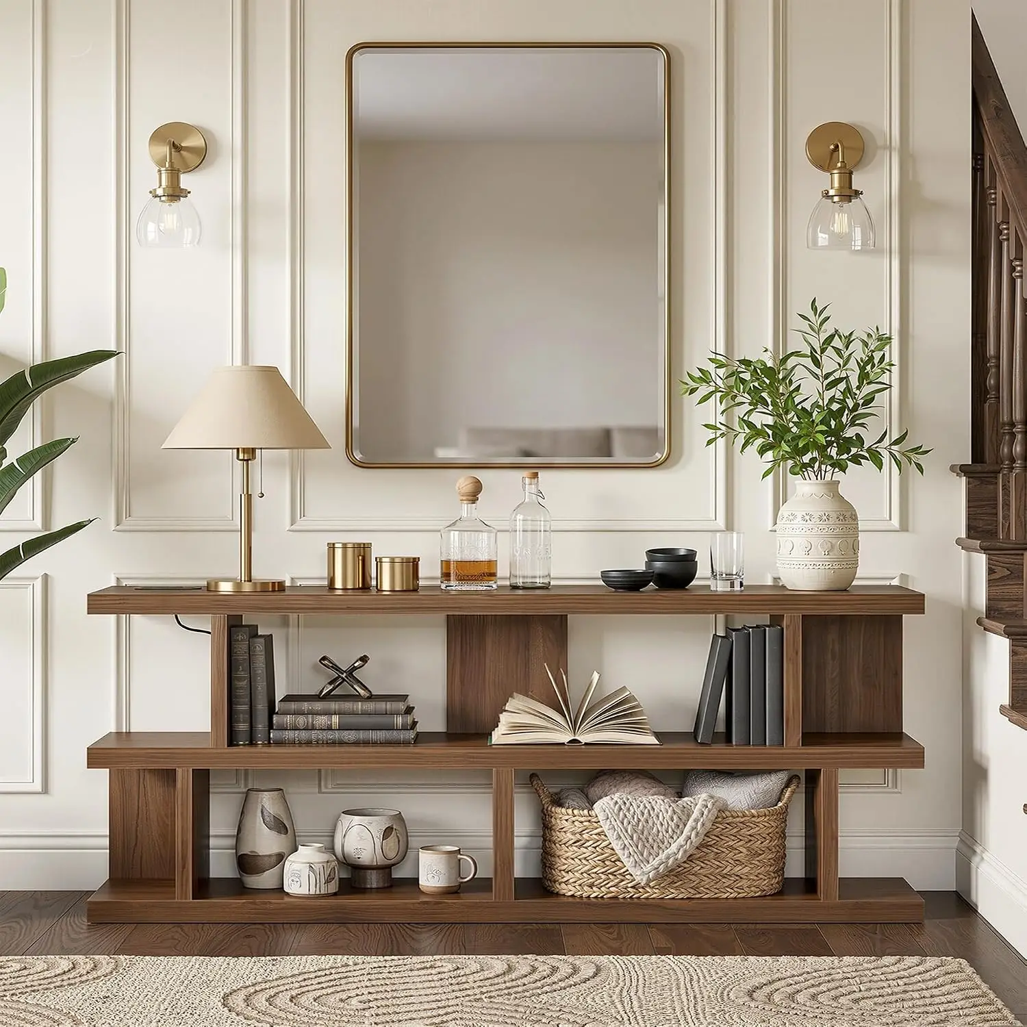 Extra Long Console Table with Power Outlet & Shelf, Black Walnut, Customized