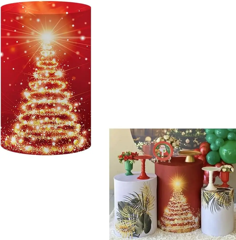 Christmas Theme Pedestal Cover Snowflake Gold Cylinder Plinth Spandex Fabric Baby Shower Xmas Fiesta Party Tablecover Decoration