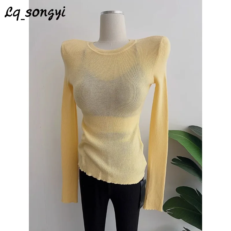 

Lq_songyi See-through O Neck Knitted T Shirts Slim Fit Tops Women Spring Autumn Long Sleeve Solid Basic Tees Sexy Thin T Shirt