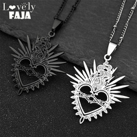Flaming Sacred Heart Charms Enamel Thorns Sacred Heart Pendant Necklace For Women Men Stainless Steel Black Color Faith Jewelry