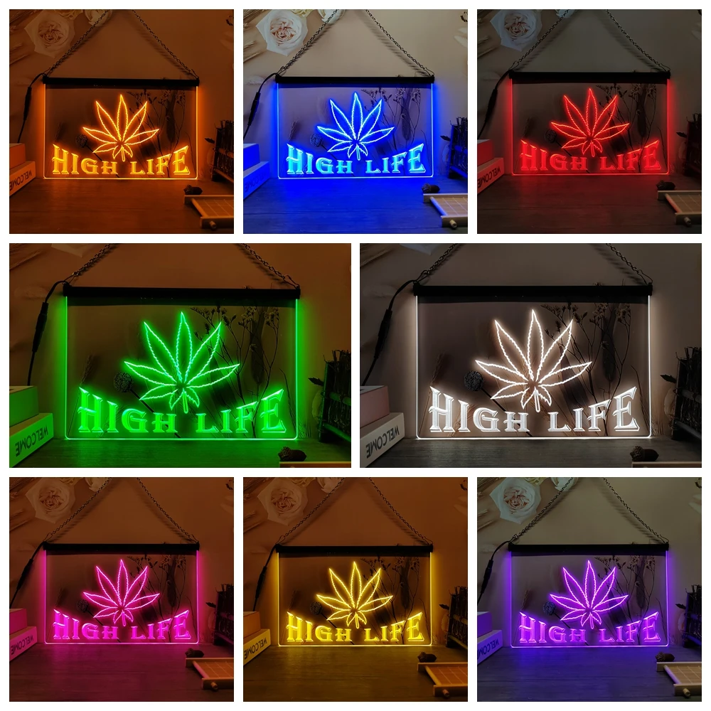 Marijuana Hemp Leaf High Life Bar 3D Carving LED Neon Sign Wall Art for Home,Farmhouse,Room,Bedroom,Office Decor,Unique,