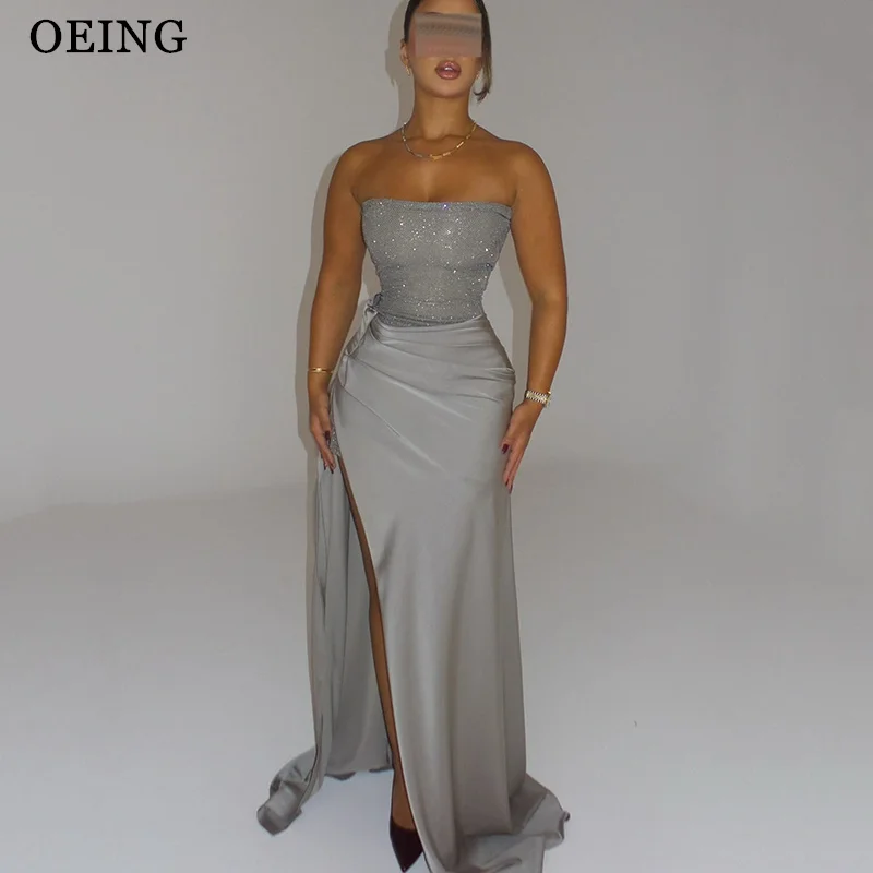 

OEING Sparkly Mermaid Silver Prom Dresses High Slit Strapless Pleats Maxi Birthday Party Dresses Gala robes de soirée Customized