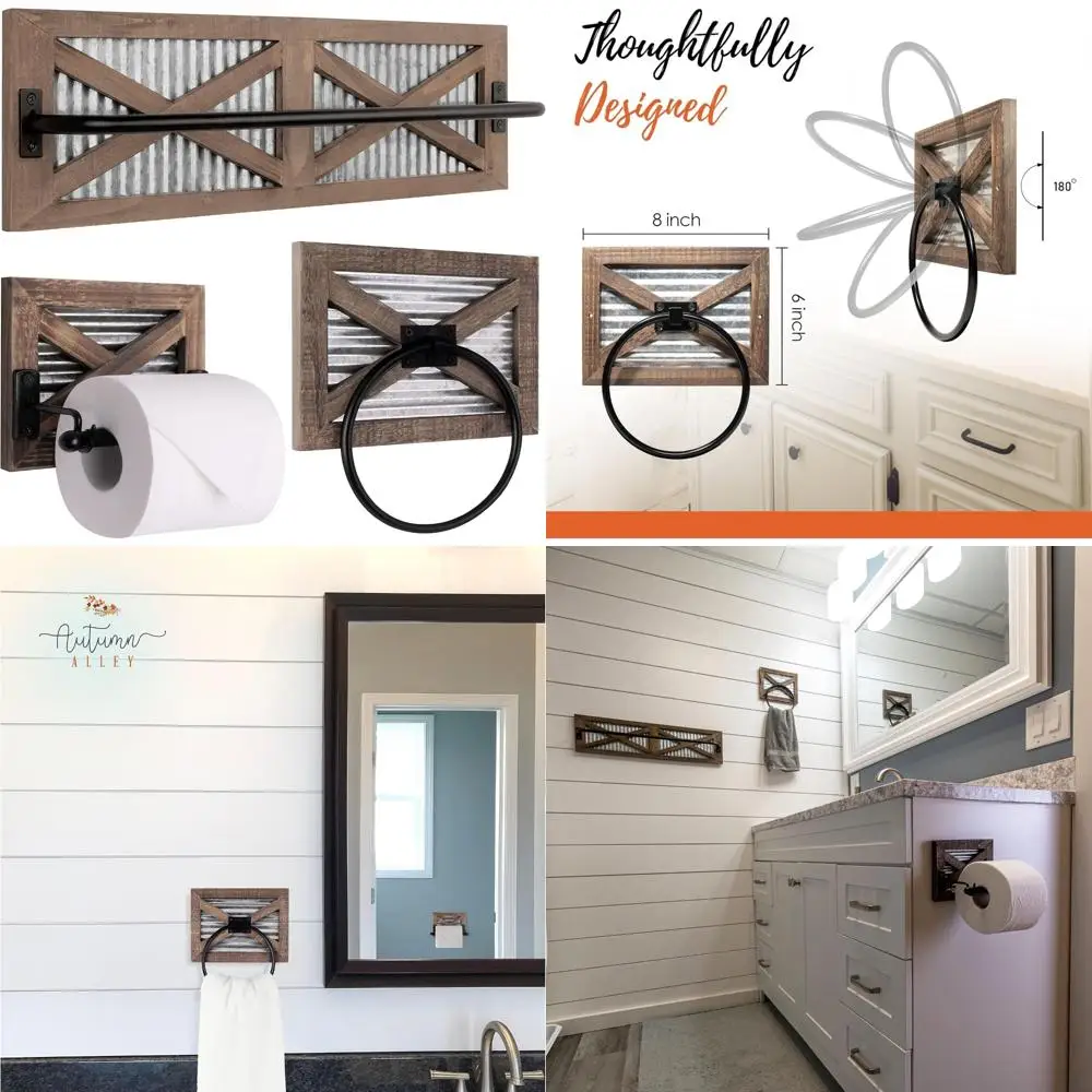حامل ورق المرحاض على الحائط على شكل مزرعة ومجموعة حلقات المناشف، مجموعة ملحقات الحمام المكونة من 3 قطع، حاملات رف المناشف الريفية