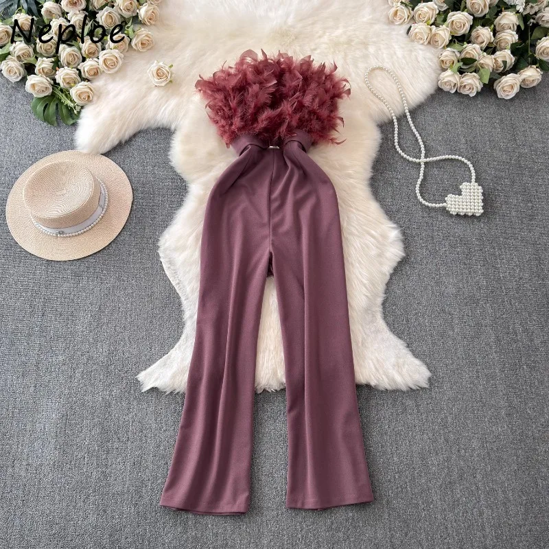 

Neploe Elegant Vintage Feather Tassel Strapless Jumpsuits High Waist Straight Trousers 2024 Summer New Loose Wide Leg Pants